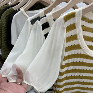 Stitching Puff Sleeves Hollow Striped Short-sleeved Shirt