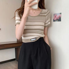 Load image into Gallery viewer, Striped U-neck Short Knitted Pullover Top Shirt
