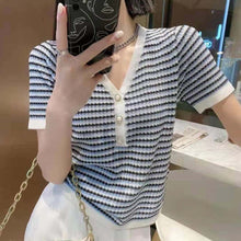 Load image into Gallery viewer, Striped V-neck Pearl Button Short-sleeved Top Sweater
