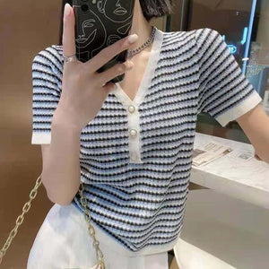Striped V-neck Pearl Button Short-sleeved Top Sweater