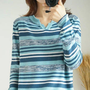 New Knitted Loose Sweater V-neck Striped Blouse