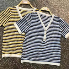 Load image into Gallery viewer, Striped V-neck Pearl Button Short-sleeved Top Sweater
