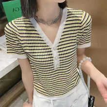 Load image into Gallery viewer, Striped V-neck Pearl Button Short-sleeved Top Sweater
