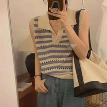 Load image into Gallery viewer, Hollow Stripe Contrast Color Lapel V-neck Shirt
