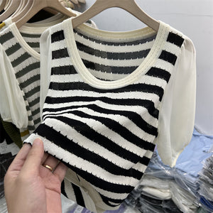 Stitching Puff Sleeves Hollow Striped Short-sleeved Shirt