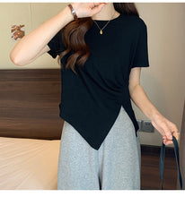 Load image into Gallery viewer, Design sense slit short-sleeved t-shirt slim fit shoulders short T-shirt
