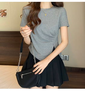 Design sense slit short-sleeved t-shirt slim fit shoulders short T-shirt