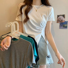 Load image into Gallery viewer, Design sense slit short-sleeved t-shirt slim fit shoulders short T-shirt
