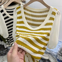 Load image into Gallery viewer, Stitching Puff Sleeves Hollow Striped Short-sleeved Shirt
