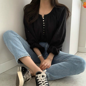 Summer Niche Round Neck Loose Wild Long-sleeved Shirt