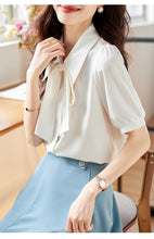 Load image into Gallery viewer, Smokey blue chiffon short-sleeved shirt with drape
