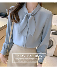 Load image into Gallery viewer, Rabbit Ear Bow Tie Long-sleeved Chiffon Polo Shirt
