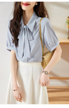 Load image into Gallery viewer, Smokey blue chiffon short-sleeved shirt with drape
