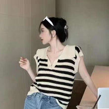 Load image into Gallery viewer, Hollow Stripe Contrast Color Lapel V-neck Shirt
