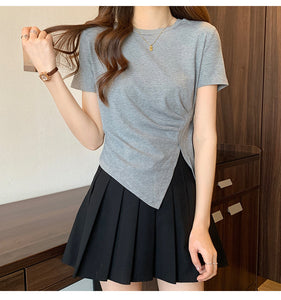 Design sense slit short-sleeved t-shirt slim fit shoulders short T-shirt