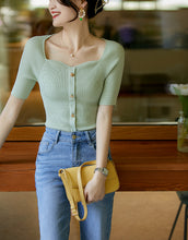 Load image into Gallery viewer, French Seagull Collar Retro Gold Buckle Knitted Top Shirt
