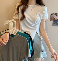 Load image into Gallery viewer, Design sense slit short-sleeved t-shirt slim fit shoulders short T-shirt
