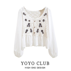V-neck Hollow Chiffon Ruffled Summer Top Shirt