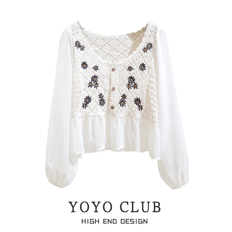 V-neck Hollow Chiffon Ruffled Summer Top Shirt