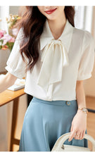 Load image into Gallery viewer, Smokey blue chiffon short-sleeved shirt with drape
