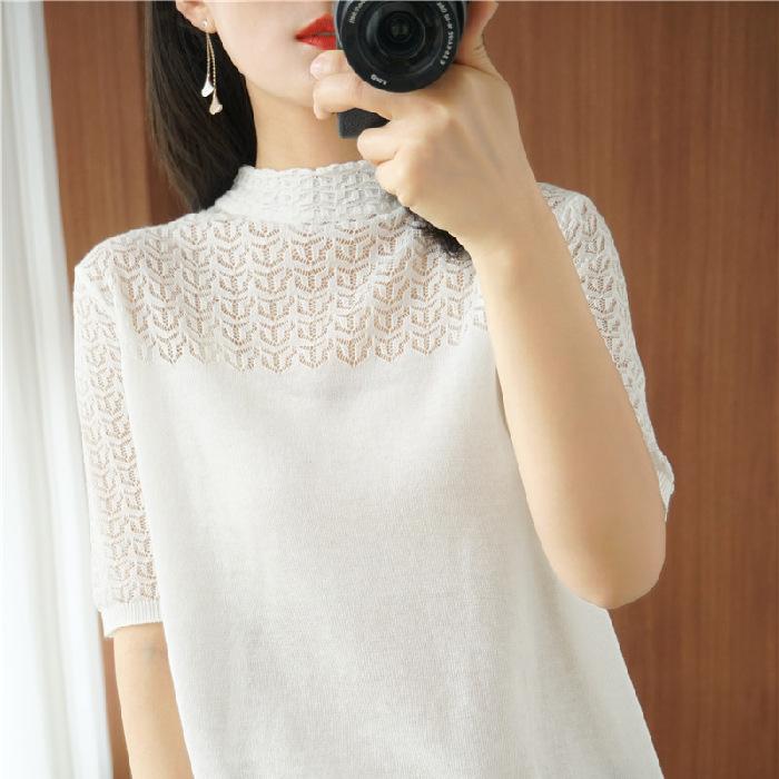 Half-High Hollow Collar Half-sleeved Shirt