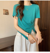 Load image into Gallery viewer, Design sense slit short-sleeved t-shirt slim fit shoulders short T-shirt
