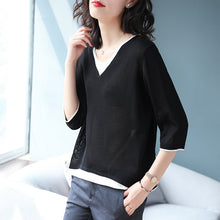 Load image into Gallery viewer, Spot V-neck Quarter-sleeved Loose Sweater Shirt
