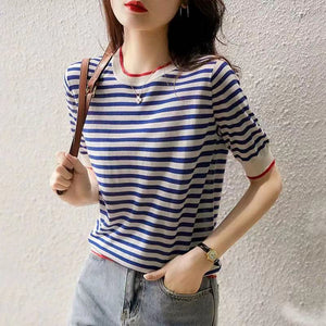 Navy Striped Round Neck Short-sleeved Pullover Shirt