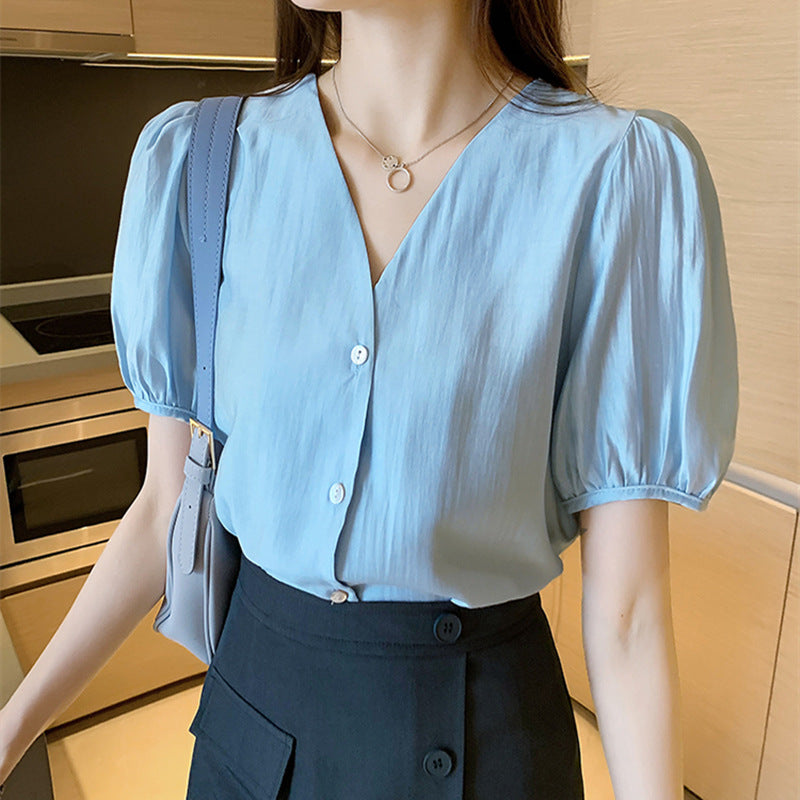 New Korean Retro Puff Sleeve V-neck Wild Shirt