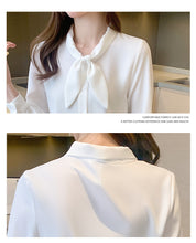 Load image into Gallery viewer, Rabbit Ear Bow Tie Long-sleeved Chiffon Polo Shirt
