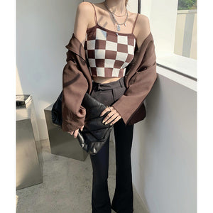 Checkerboard Knitted Sling Plaid Slim Shirt