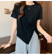 Load image into Gallery viewer, Design sense slit short-sleeved t-shirt slim fit shoulders short T-shirt
