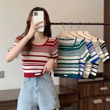 Load image into Gallery viewer, Striped U-neck Short Knitted Pullover Top Shirt
