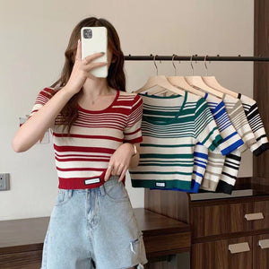 Striped U-neck Short Knitted Pullover Top Shirt