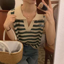 Load image into Gallery viewer, Hollow Stripe Contrast Color Lapel V-neck Shirt
