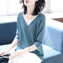 Load image into Gallery viewer, Spot V-neck Quarter-sleeved Loose Sweater Shirt
