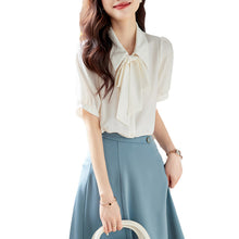 Load image into Gallery viewer, Smokey blue chiffon short-sleeved shirt with drape

