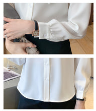 Load image into Gallery viewer, Rabbit Ear Bow Tie Long-sleeved Chiffon Polo Shirt

