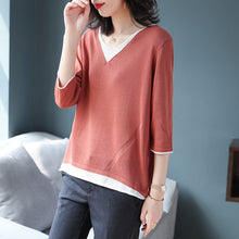 Load image into Gallery viewer, Spot V-neck Quarter-sleeved Loose Sweater Shirt
