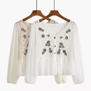 V-neck Hollow Chiffon Ruffled Summer Top Shirt