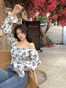 Retro Floral Puff Sleeve Square Collar Long-sleeved Shirt