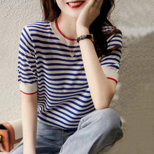 Load image into Gallery viewer, Navy Striped Round Neck Short-sleeved Pullover Shirt
