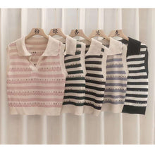 Load image into Gallery viewer, Hollow Stripe Contrast Color Lapel V-neck Shirt
