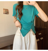 Load image into Gallery viewer, Design sense slit short-sleeved t-shirt slim fit shoulders short T-shirt
