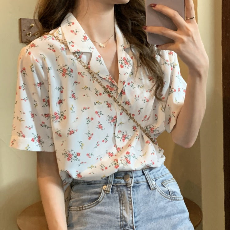 New Slim Chiffon Printed Suit Collar Short-sleeved Top Shirt