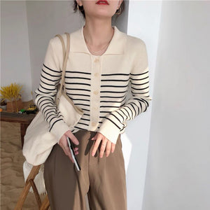 French Striped Knitted Lapel Gentle Cardigan Sweater