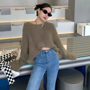 Short Mink Wool Round Neck Pullover Blouse