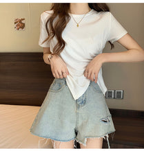 Load image into Gallery viewer, Design sense slit short-sleeved t-shirt slim fit shoulders short T-shirt
