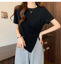 Load image into Gallery viewer, Design sense slit short-sleeved t-shirt slim fit shoulders short T-shirt
