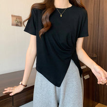 Load image into Gallery viewer, Design sense slit short-sleeved t-shirt slim fit shoulders short T-shirt
